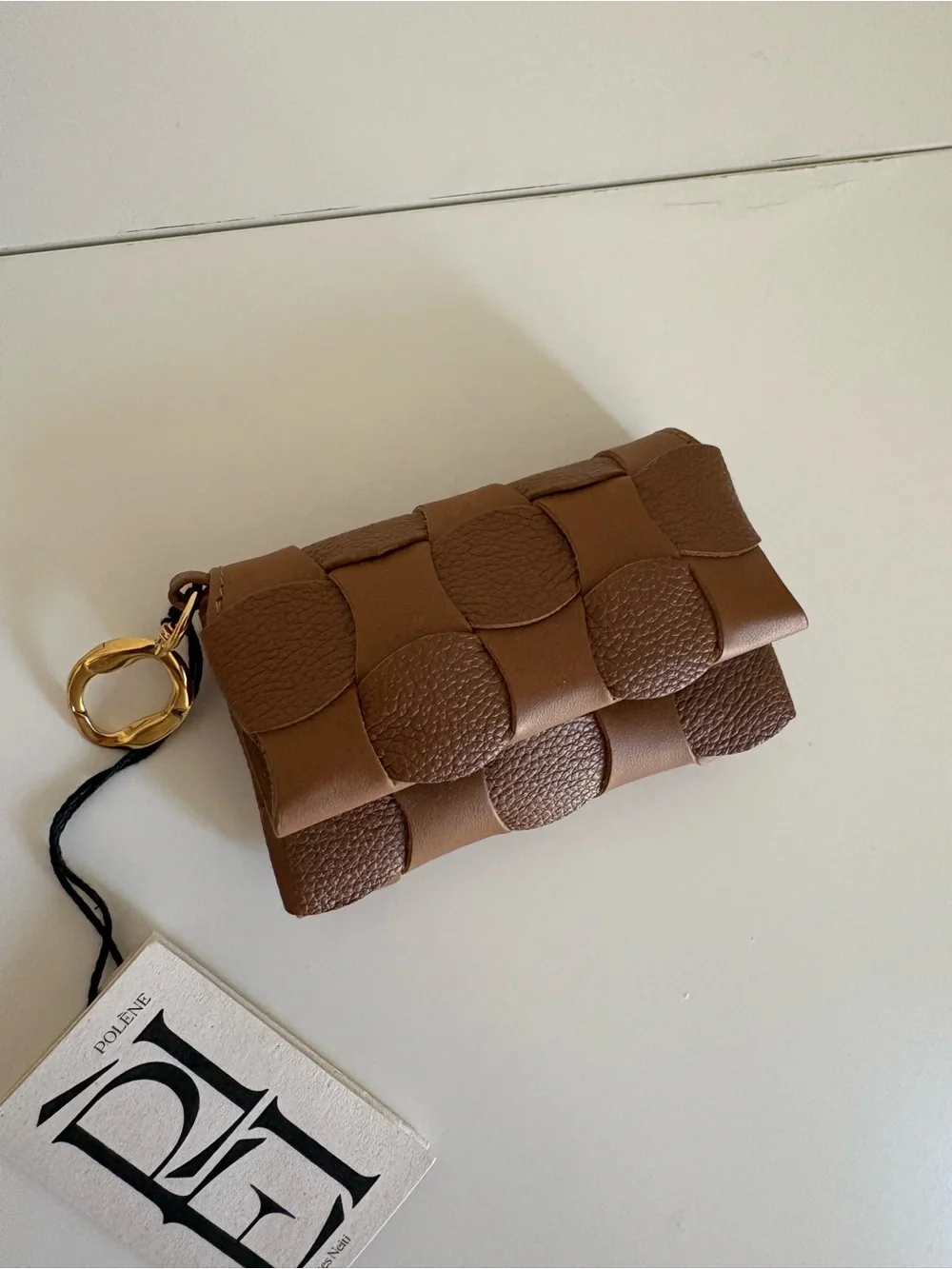 Polène Brown Woven Leather Key & Card Holder with Gold Ring